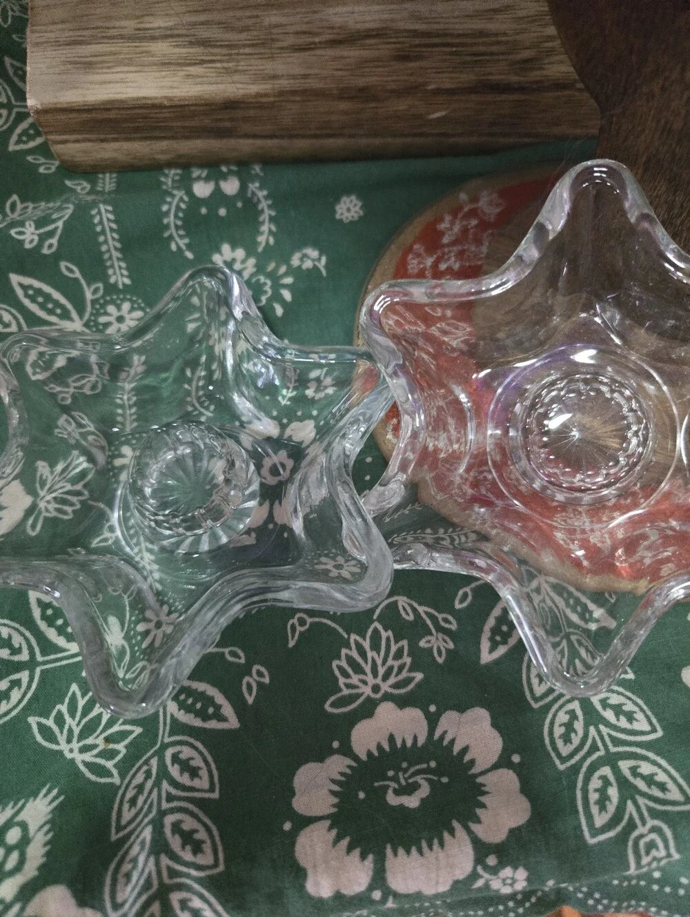 4/$15 Vintage Clear Glass Star Candle Holders Pair Heavy Glass Ring Dish Boho
